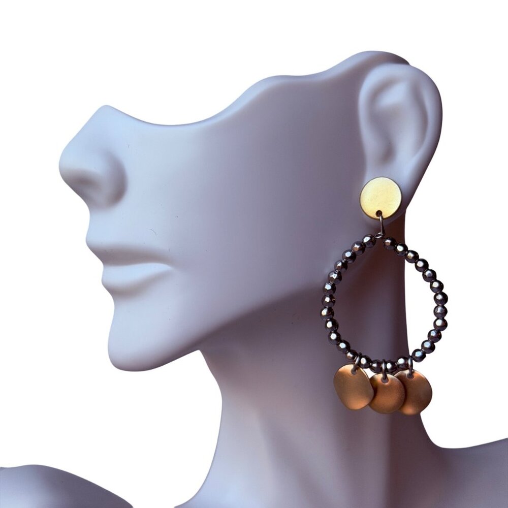 Vtg 1990s Chico’s Pearl Chain Drop Earrings Sparkle Textured Metal Ball‎ Accents